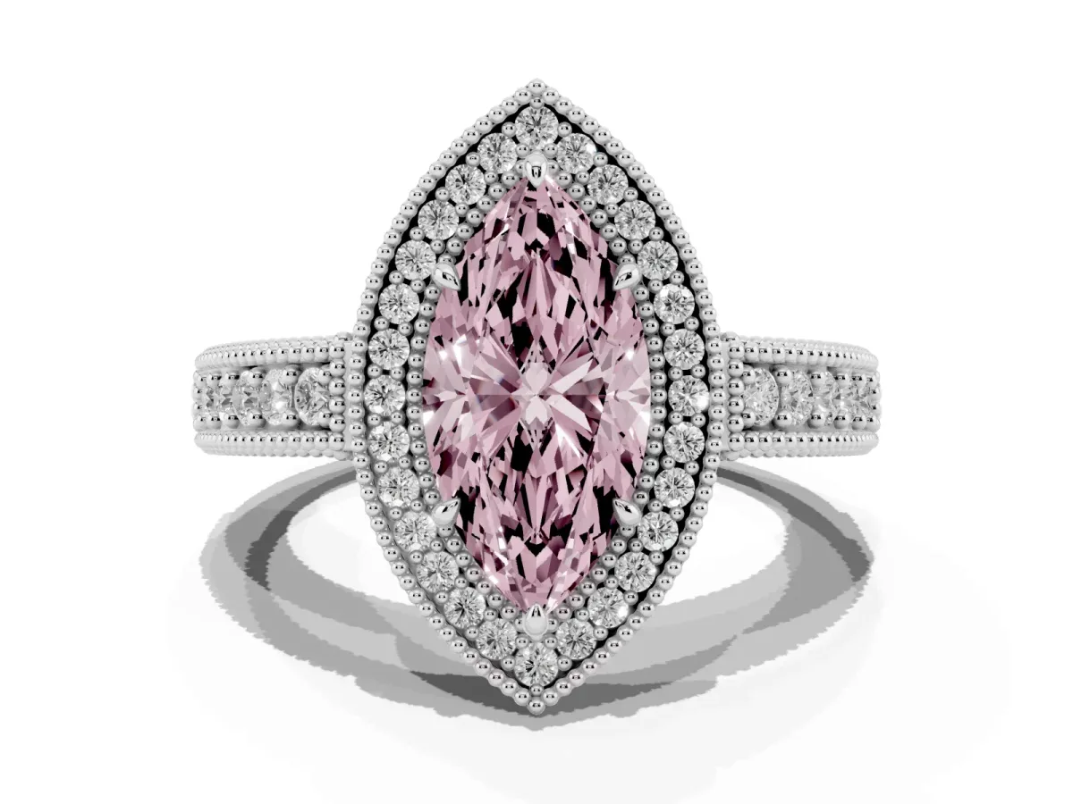 Fancy Pink Marquise Cut Cut Halo Diamond Ring with Pavé Band and Four-Prong Setting Platinum