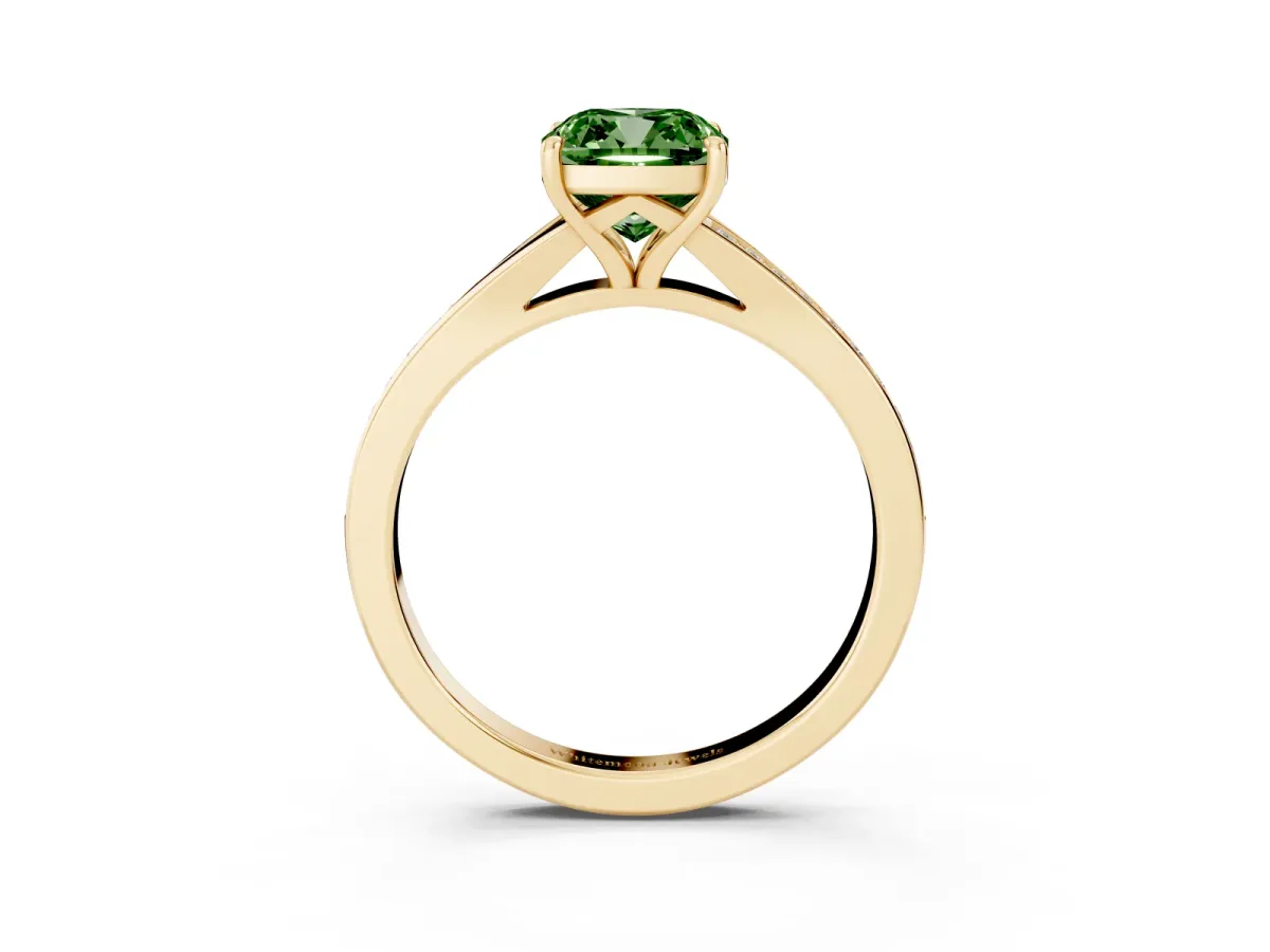 Fancy Green Cushion Cut Diamond Solitaire Ring with Pavé Band and Prong Setting Yellow gold