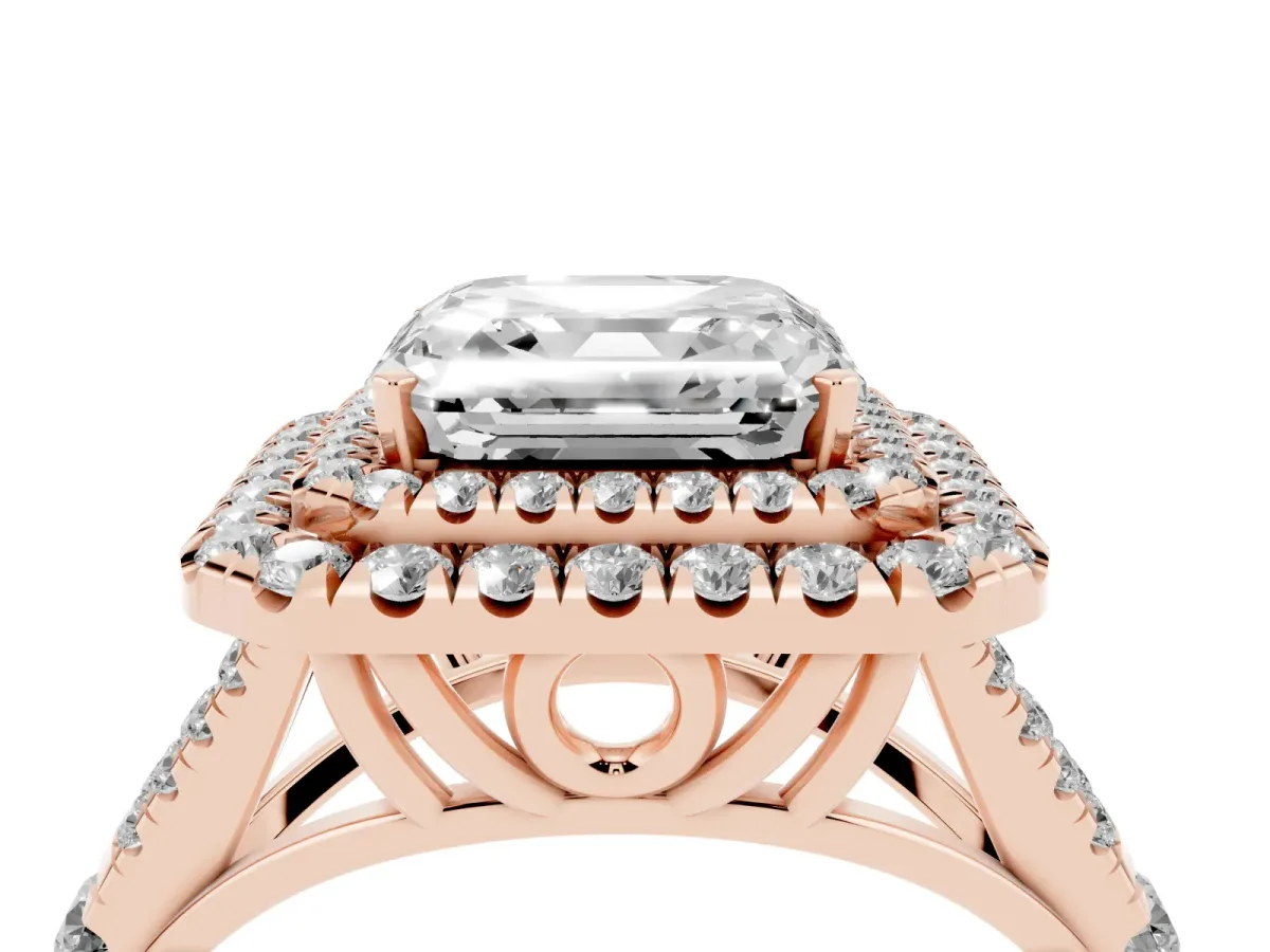 Asscher Cut Cut Double Halo Split Shank Diamond Ring with Prong Setting Rose gold