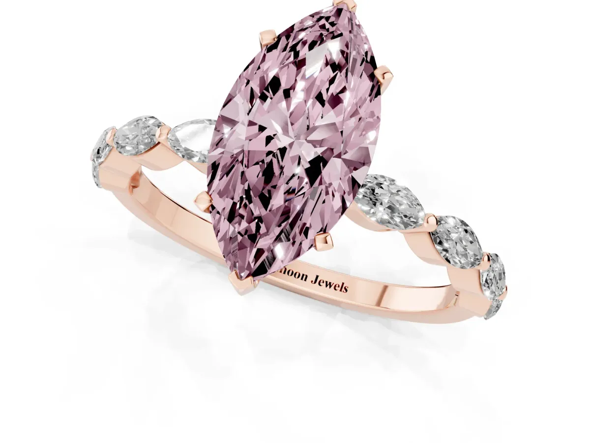 Fancy Pink Marquise Cut Diamond Ring with Marquise Side Stones and Prong Setting Rose gold