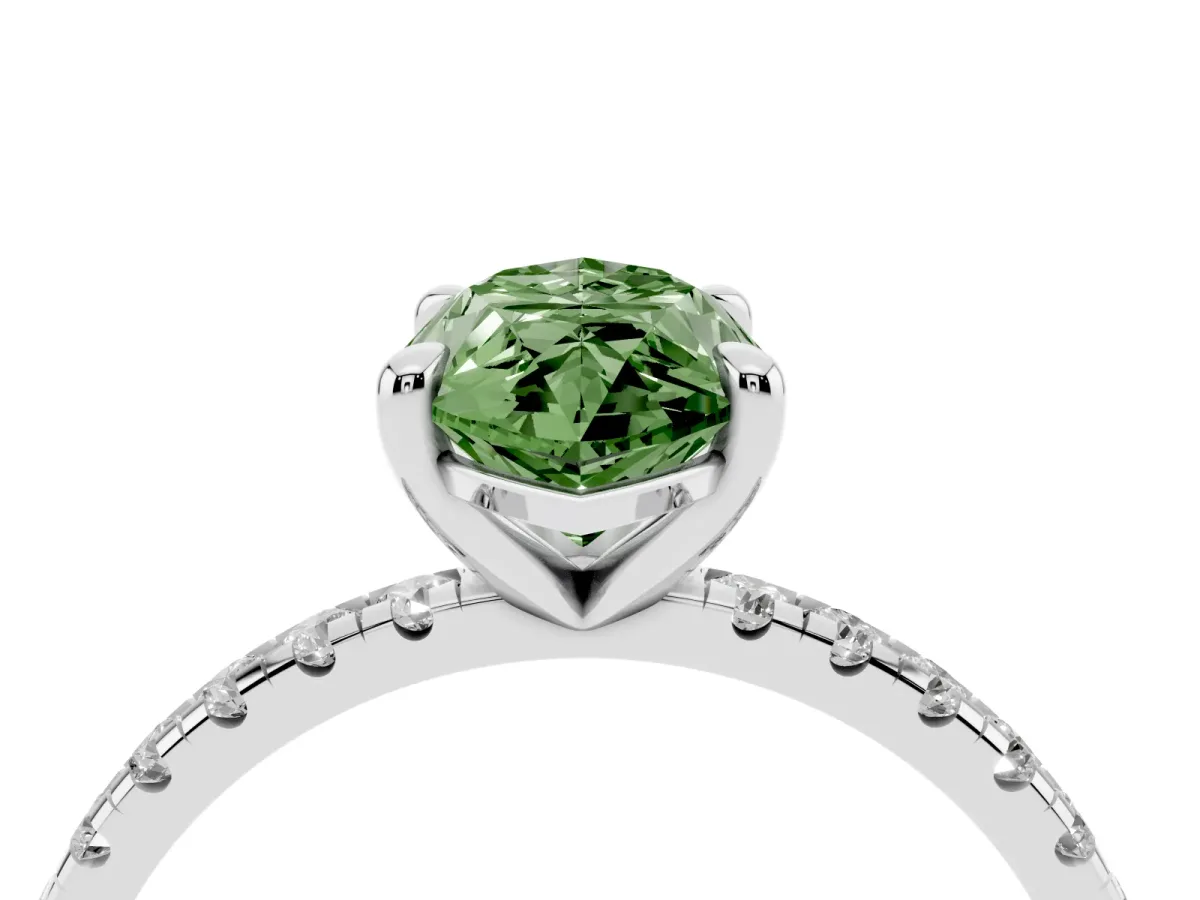 Fancy Green Marquise Cut Diamond Brilliant Solitaire Ring with Pavé Band and Four-Prong Setting White gold