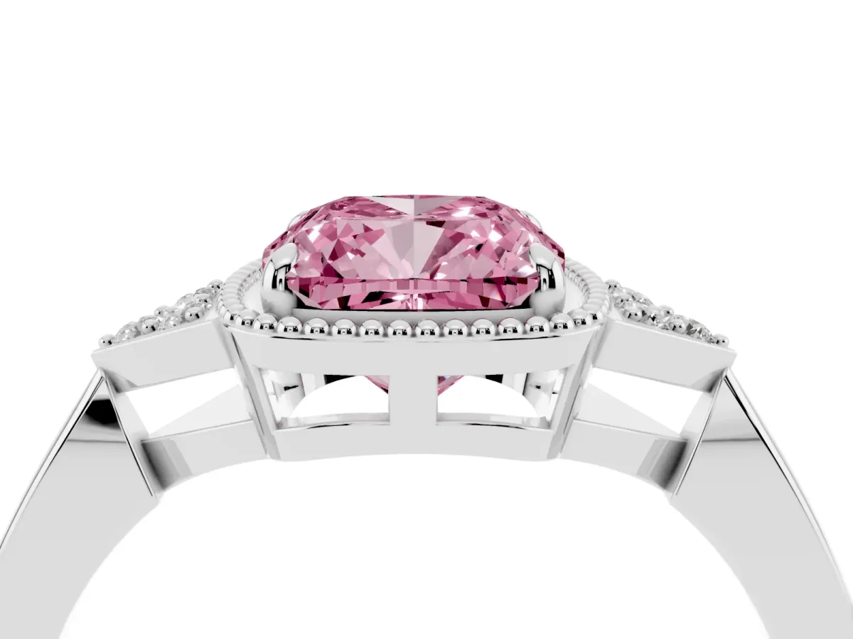 Fancy Pink Cushion Cut Diamond Halo Ring with Tapered Band and Four-Prong Setting White gold