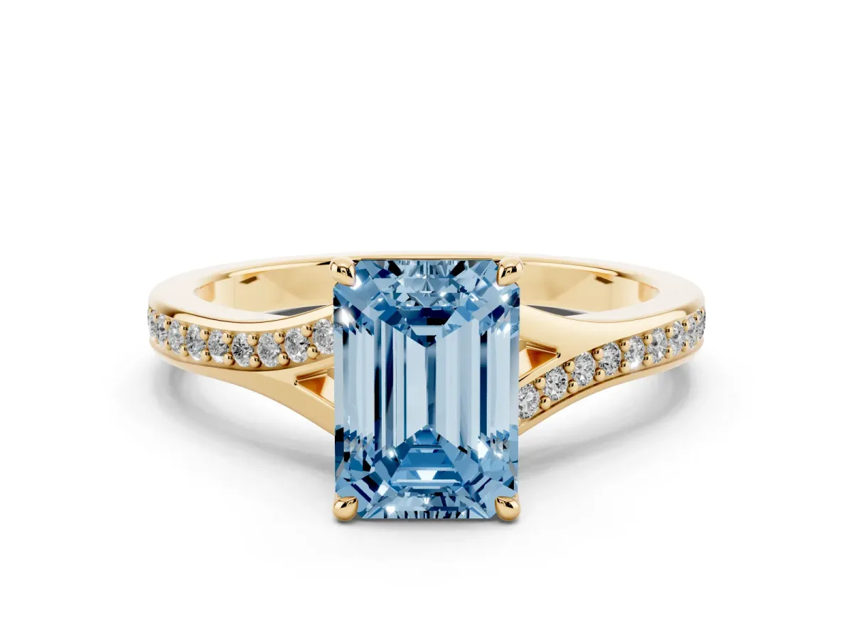 Fancy Blue Emerald Cut Diamond Solitaire Ring with Pavé Band and Prong Setting Yellow gold