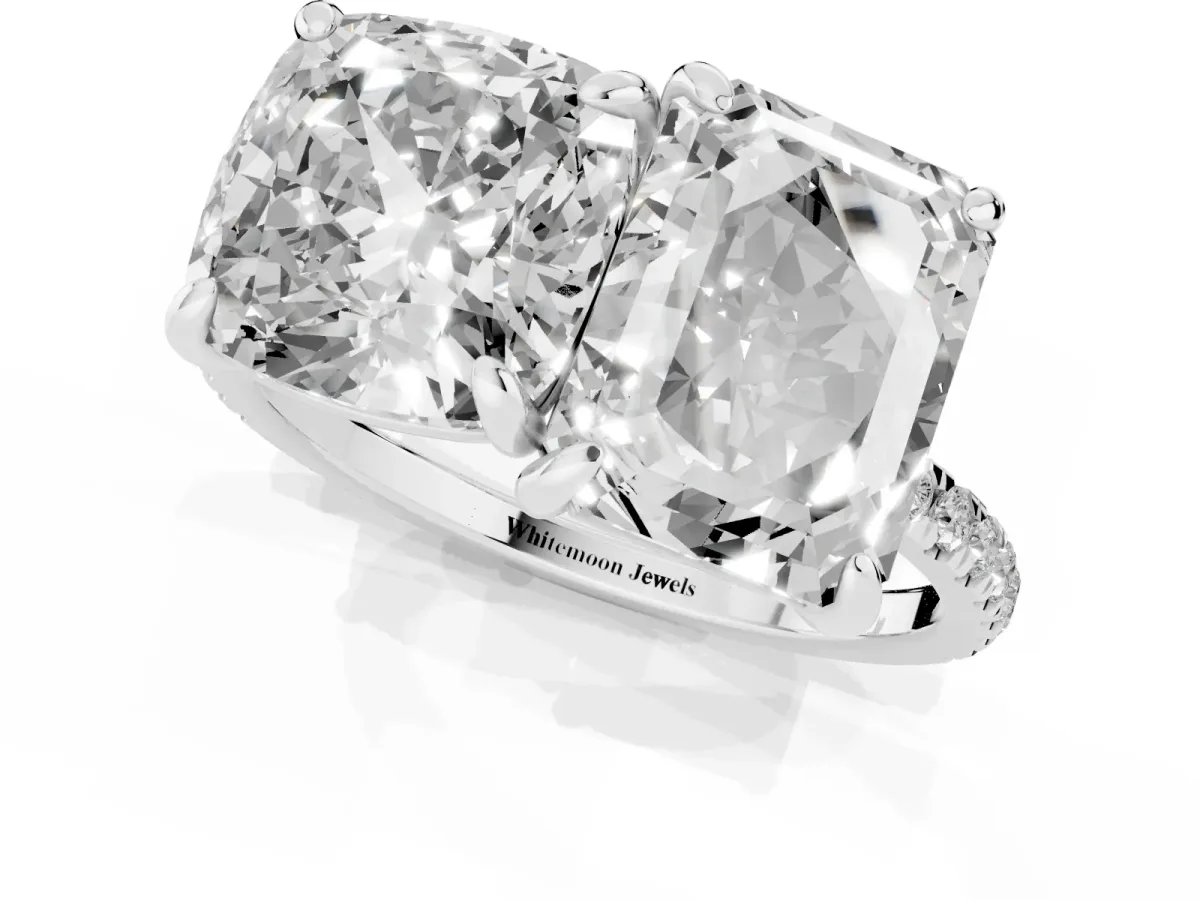 Cushion and Emerald Toi Moi Ring with Prong Setting and Micro Pave Band Platinum