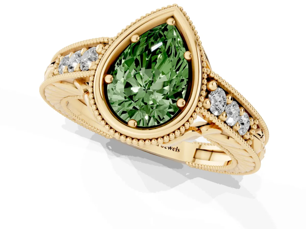 Fancy Green Bezel Set Pear Cut Diamond Milgrain Pave Engagement Ring Yellow gold