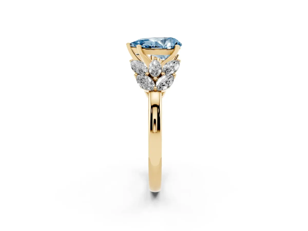 Fancy Blue Pear Cut Diamond Cluster Leaf Design Ring with Prong Setting Yellow gold