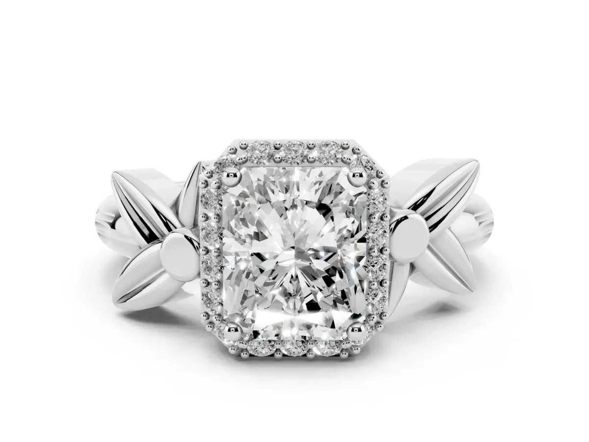 Radiant Cut Halo Diamond Floral Band with Four-Prong Setting Platinum