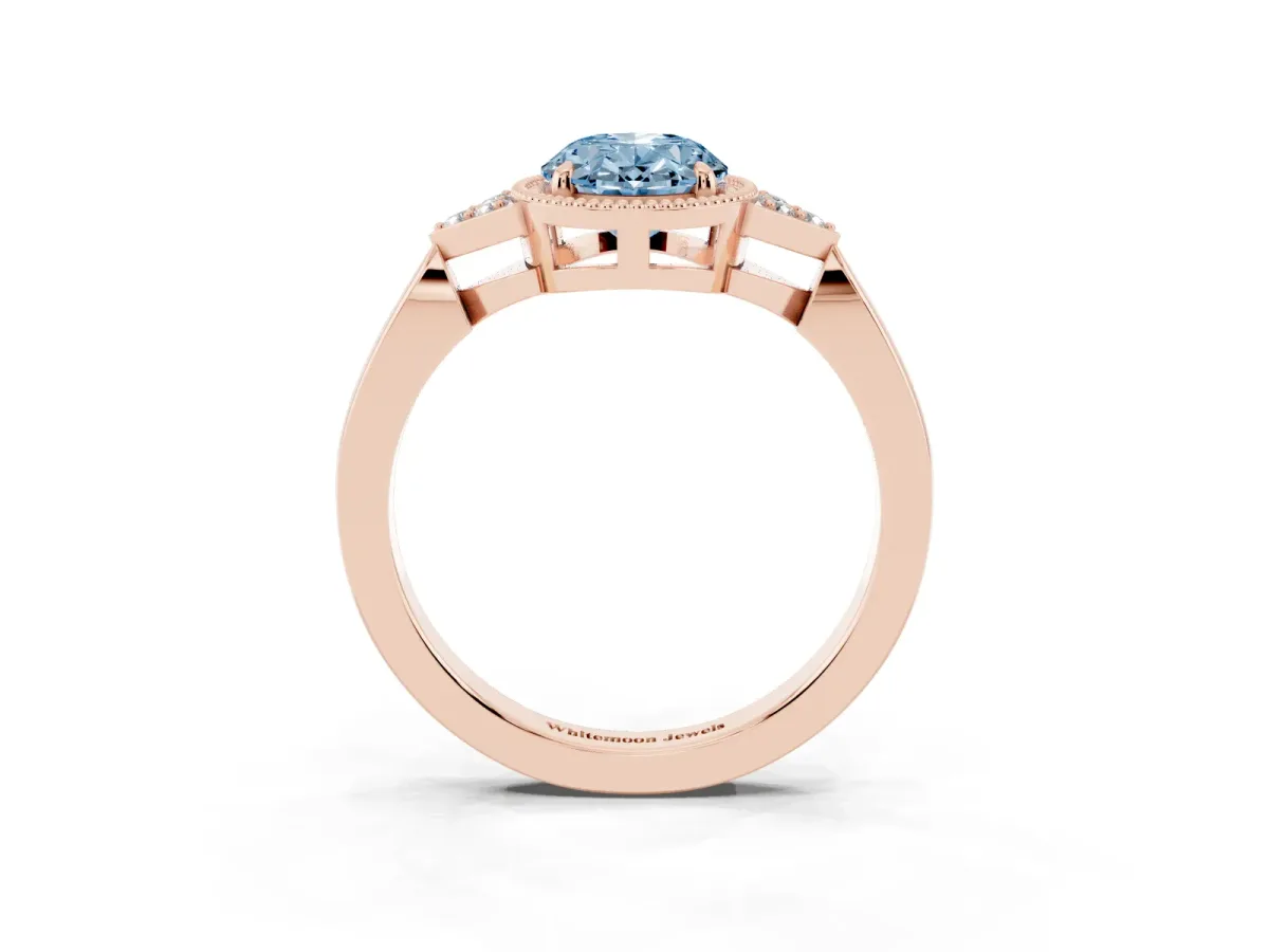 Fancy Blue Hexagonal Halo Oval Cut Diamond Solitaire with Pavé Band and Four-Prong Setting Rose gold
