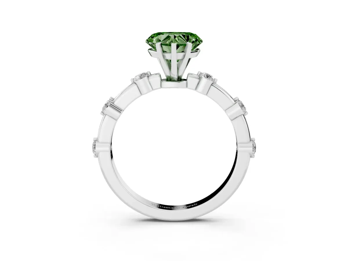 Fancy Green Heart Cut Solitaire Diamond Ring with Bezel Set Side Stones and Prong Setting Silver