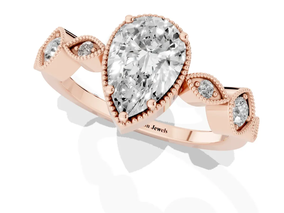 Pear Cut Diamond Vintage Milgrain Ring with Round Stations Rose gold