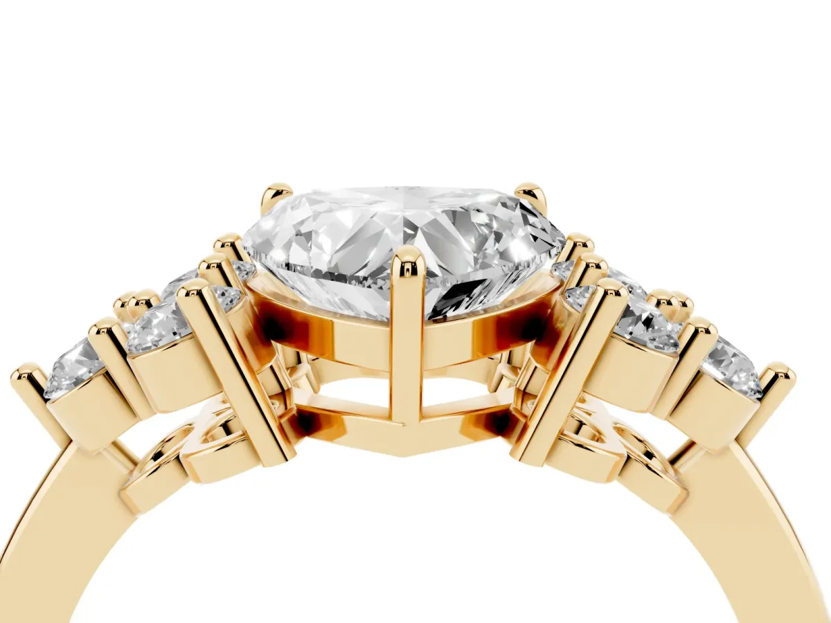 Heart Cut Brilliant Diamond Cluster Accent Solitaire Ring with Prong Setting Yellow gold
