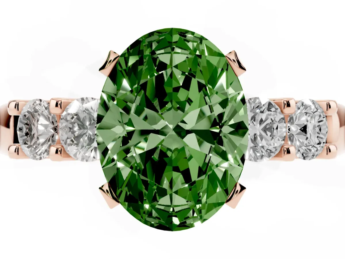 Fancy Green Oval Cut Brilliant Cut Diamond Five-Stone Prong Set Engagement Ring with Channel Band Rose gold