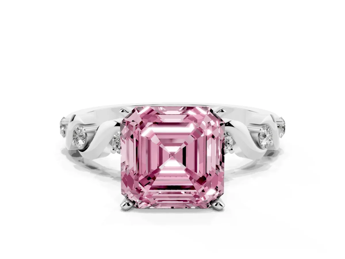 Fancy Pink Asscher Cut Diamond Solitaire Twisted Band with Round Accents and Prong Setting Silver