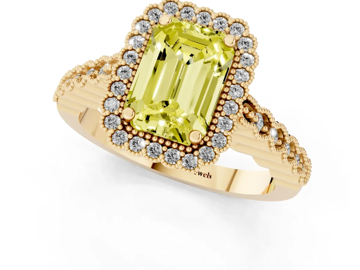 Fancy Yellow Emerald Cut Cut Halo Pavé Solitaire Ring with Milgrain Band Yellow gold