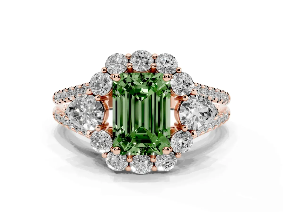 Fancy Green Emerald Cut Halo Split Shank Diamond Engagement Ring with Prong Setting Rose gold