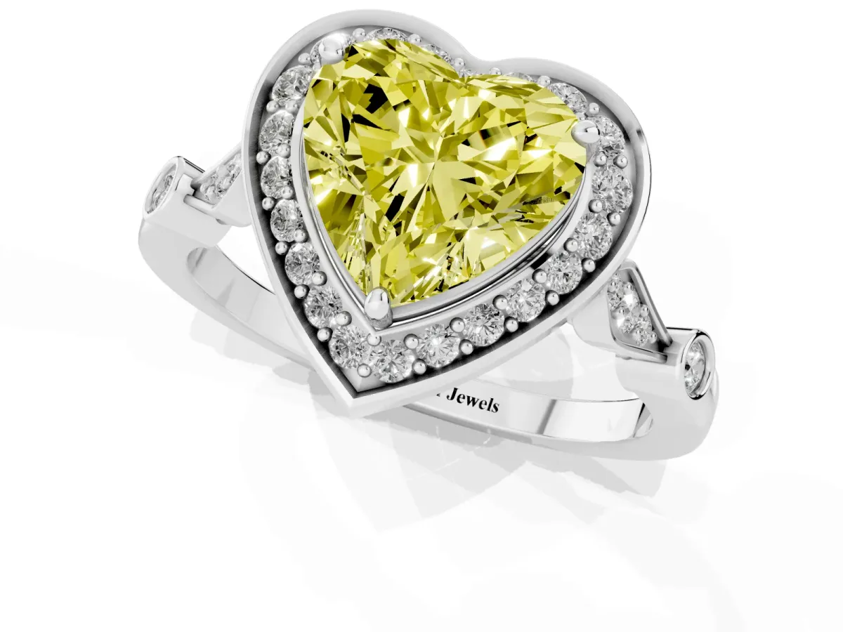 Fancy Yellow Heart Cut Halo Diamond Engagement Ring with Twisted Band and Four-Prong Setting Silver