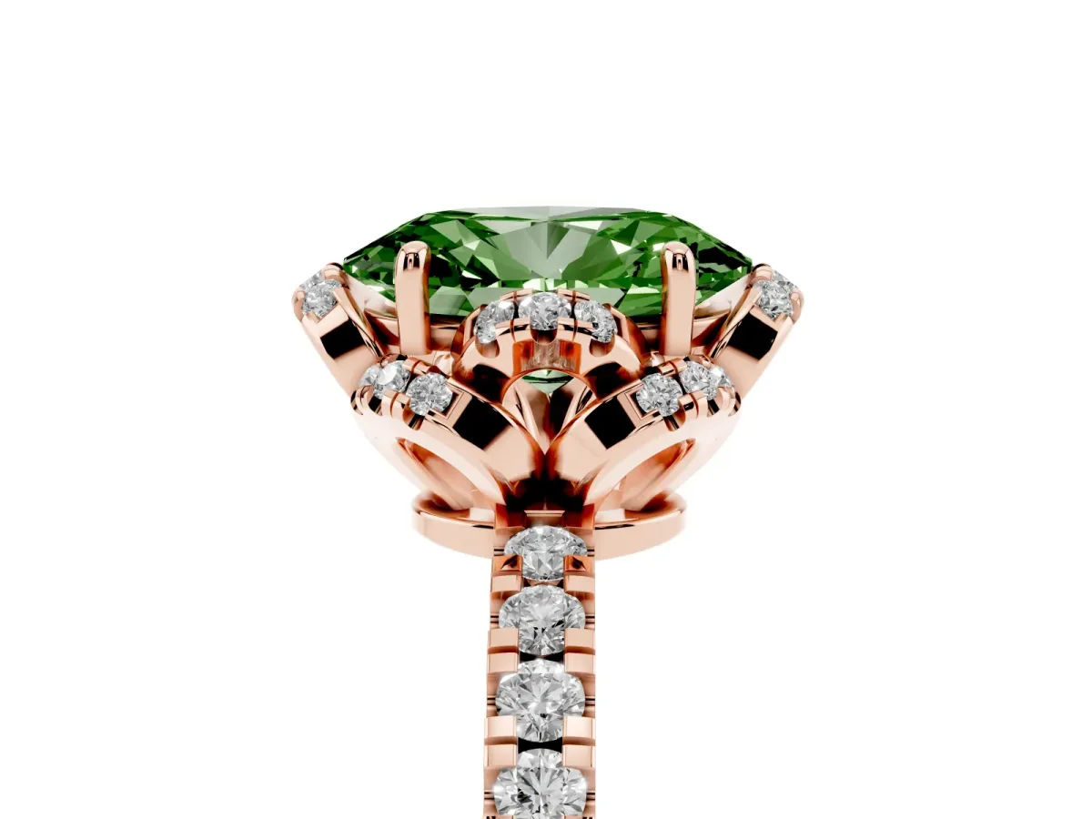 Fancy Green Oval Cut Diamond Halo Pave Band with Four-Prong Setting Rose gold