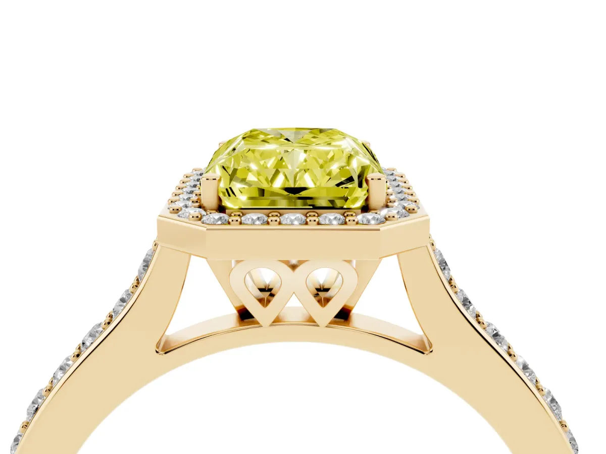 Fancy Yellow Radiant Cut Diamond Halo Engagement Ring with Round Pavé Shoulders and Prong Setting Yellow gold