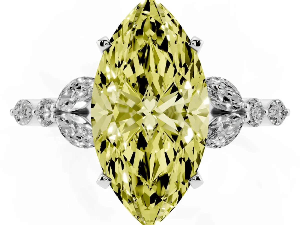 Fancy Yellow Marquise Cut Diamond Solitaire Ring with Side Stones and Four-Prong Setting Silver