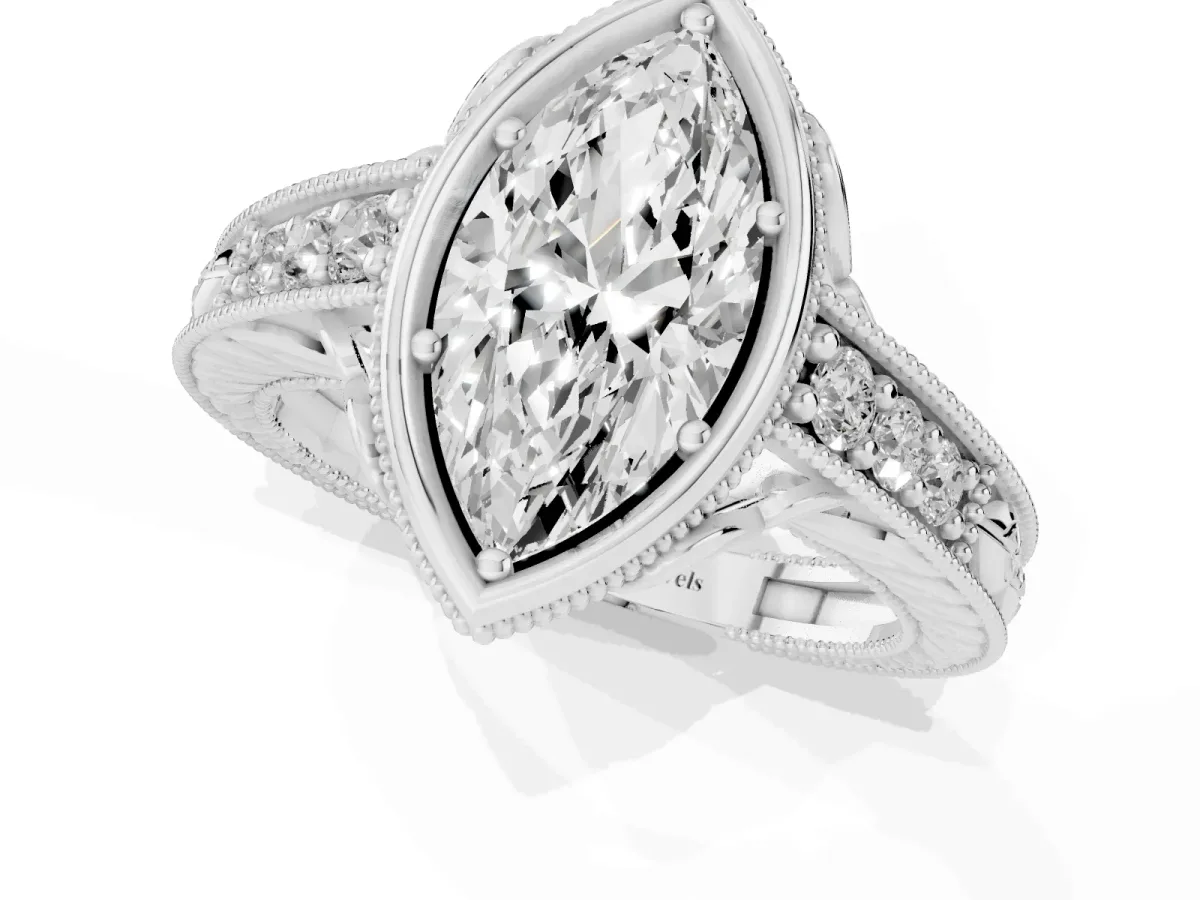 Bezel Set Marquise Cut Diamond Milgrain Pave Engagement Ring Silver