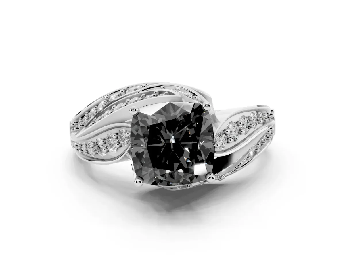 Fancy Black Cushion Cut Diamond Solitaire Ring with Prong Setting and Twisted Pavé Band Silver