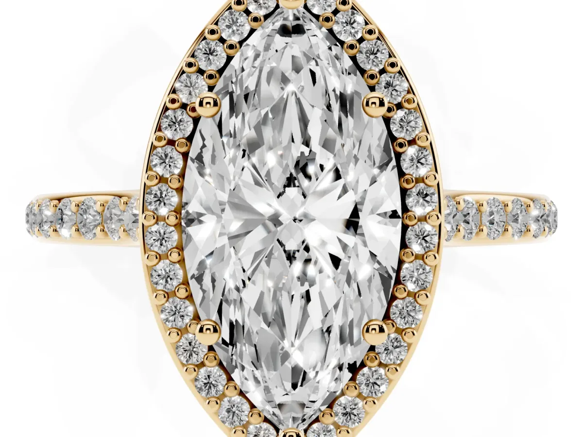 Marquise Cut Diamond Halo Engagement Ring with Round Pavé Shoulders and Prong Setting Yellow gold