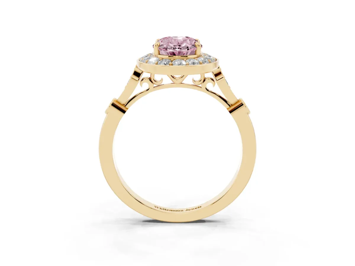 Fancy Pink Oval Cut Halo Diamond Engagement Ring with Twisted Band and Four-Prong Setting Yellow gold