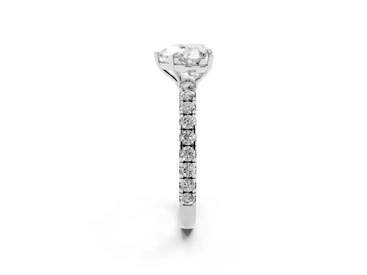 Heart Cut Diamond Pavé Solitaire Engagement Ring with Four-Prong Setting Silver