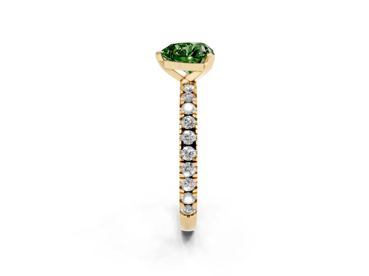 Fancy Green Heart Cut Diamond Pavé Band Solitaire with Four-Prong Setting Yellow gold