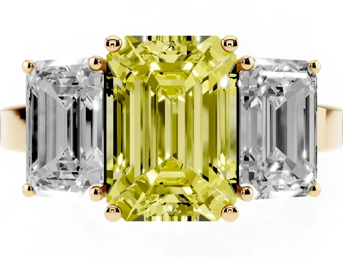 Fancy Yellow Three-Stone Emerald Cut Cut Diamond Engagement Ring with Flat Band and Four-Prong Setting Yellow gold