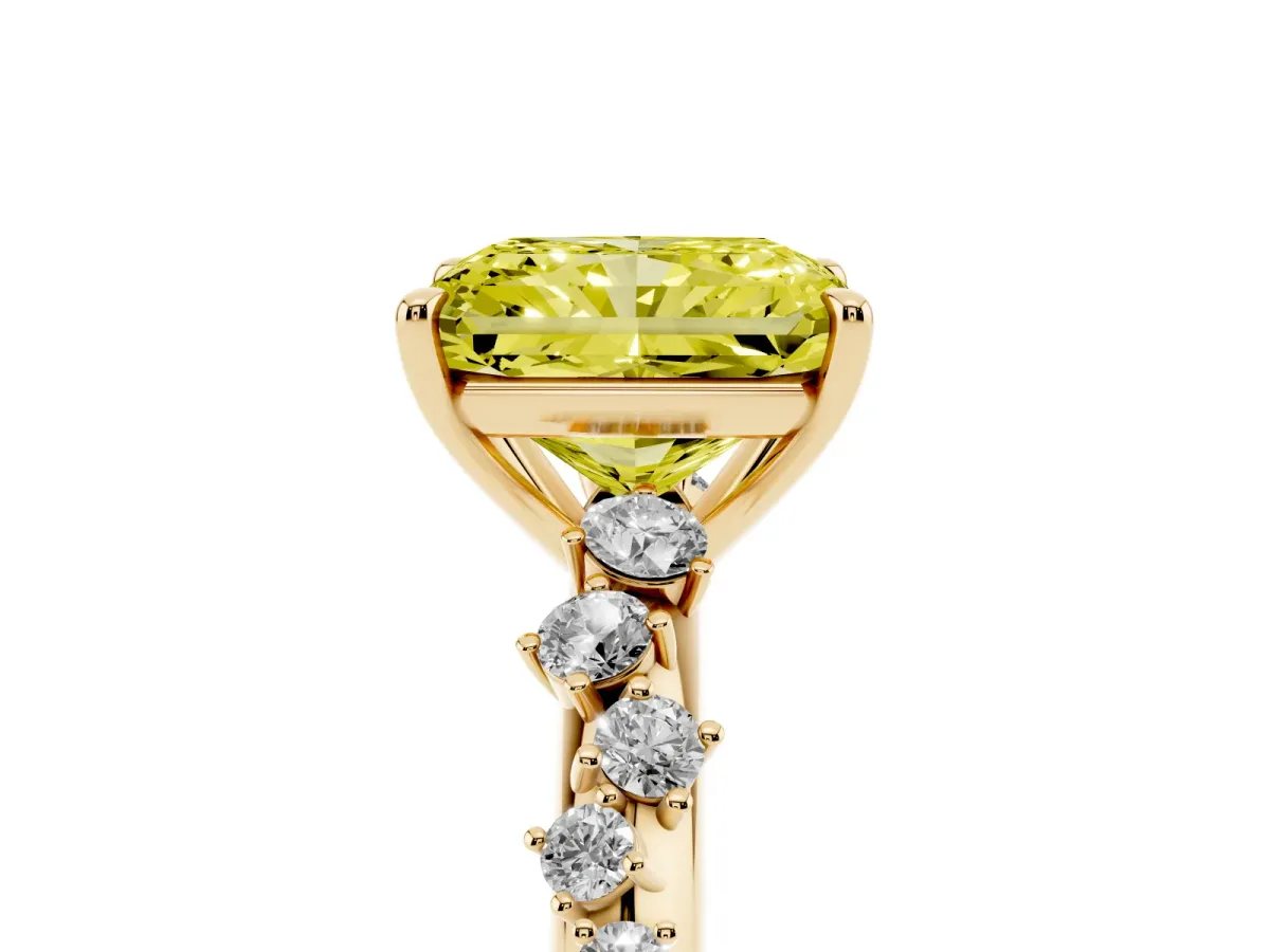 Fancy Yellow Radiant Cut Diamond Cluster Side Stone Solitaire Ring with Prong Setting Yellow gold