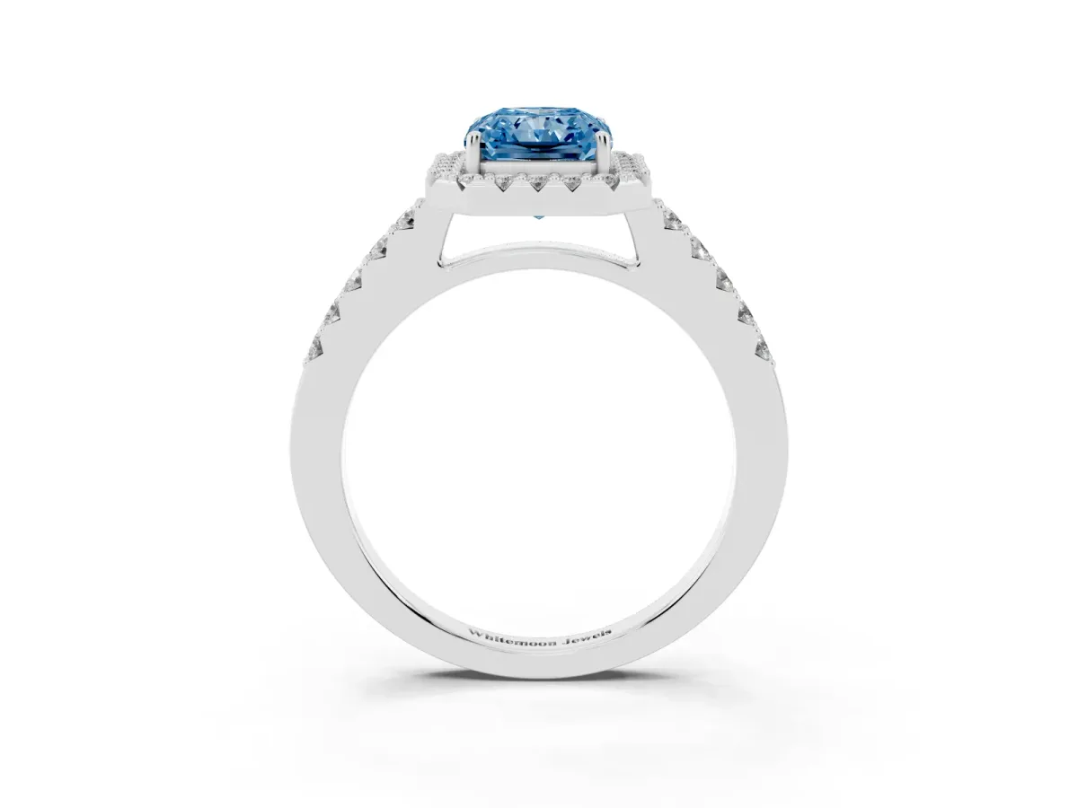 Fancy Blue Radiant Cut Halo Diamond Pavé Solitaire Ring Silver