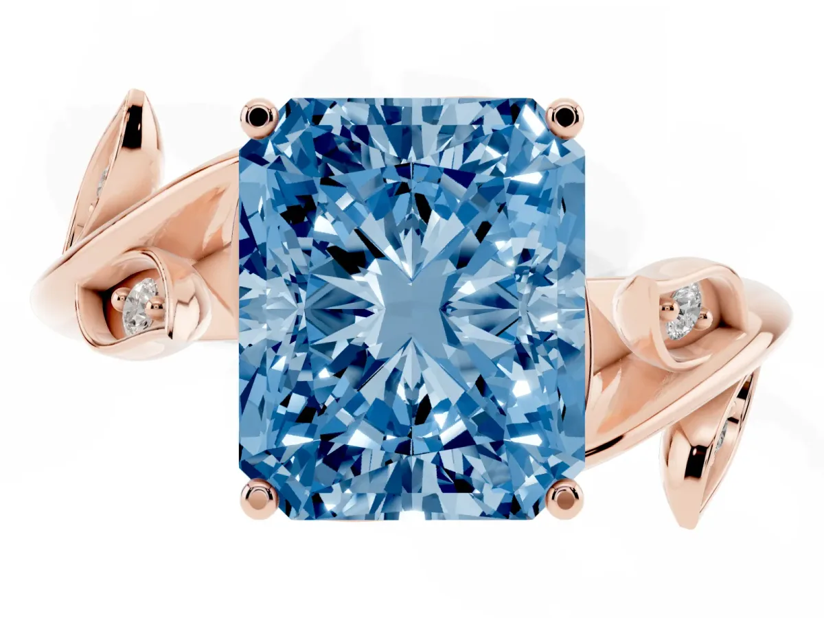 Fancy Blue Radiant Cut Solitaire Twist Engagement Ring with Leaf Accents and Prong Setting Rose gold