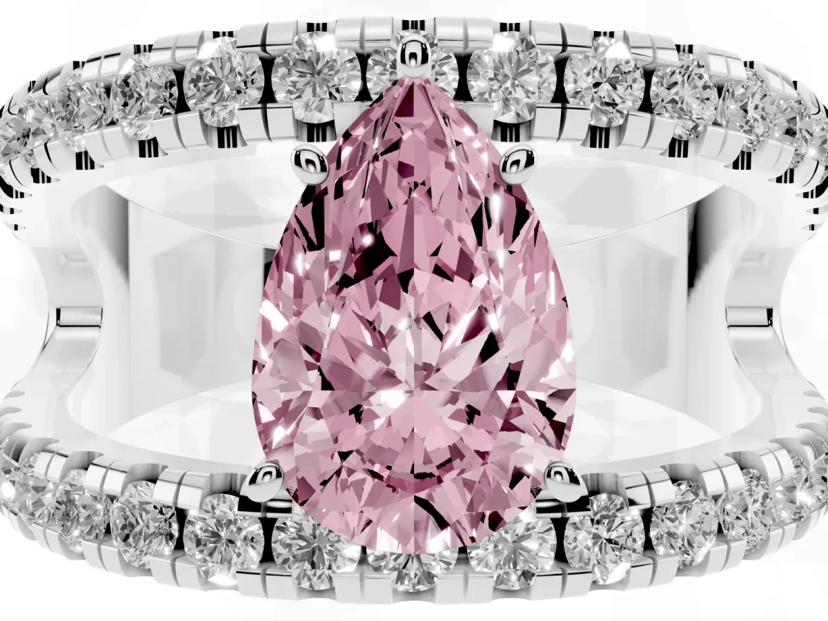 Fancy Pink Pear Cut Solitaire Split Shank Pave Diamond Ring White gold