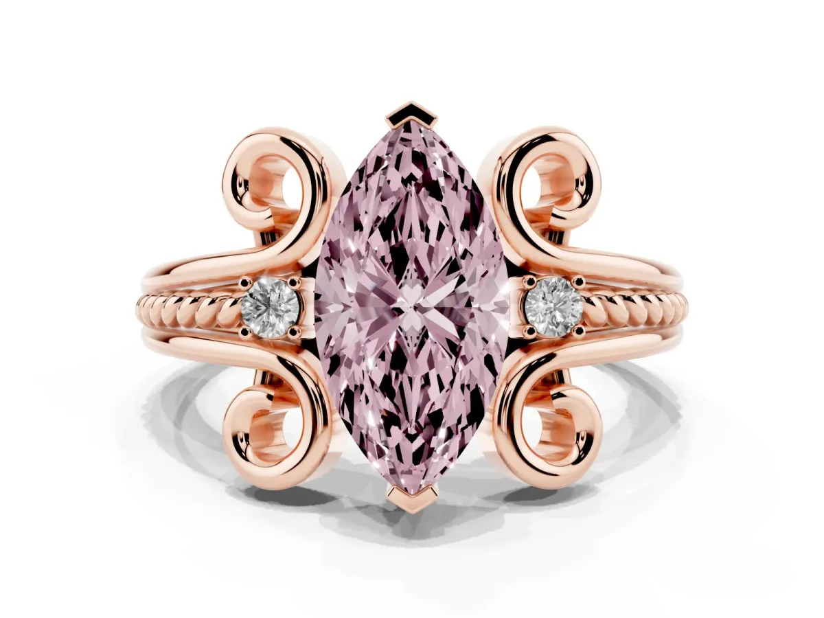 Fancy Pink Marquise Cut Solitaire Twisted Band Scroll Prong Ring Rose gold