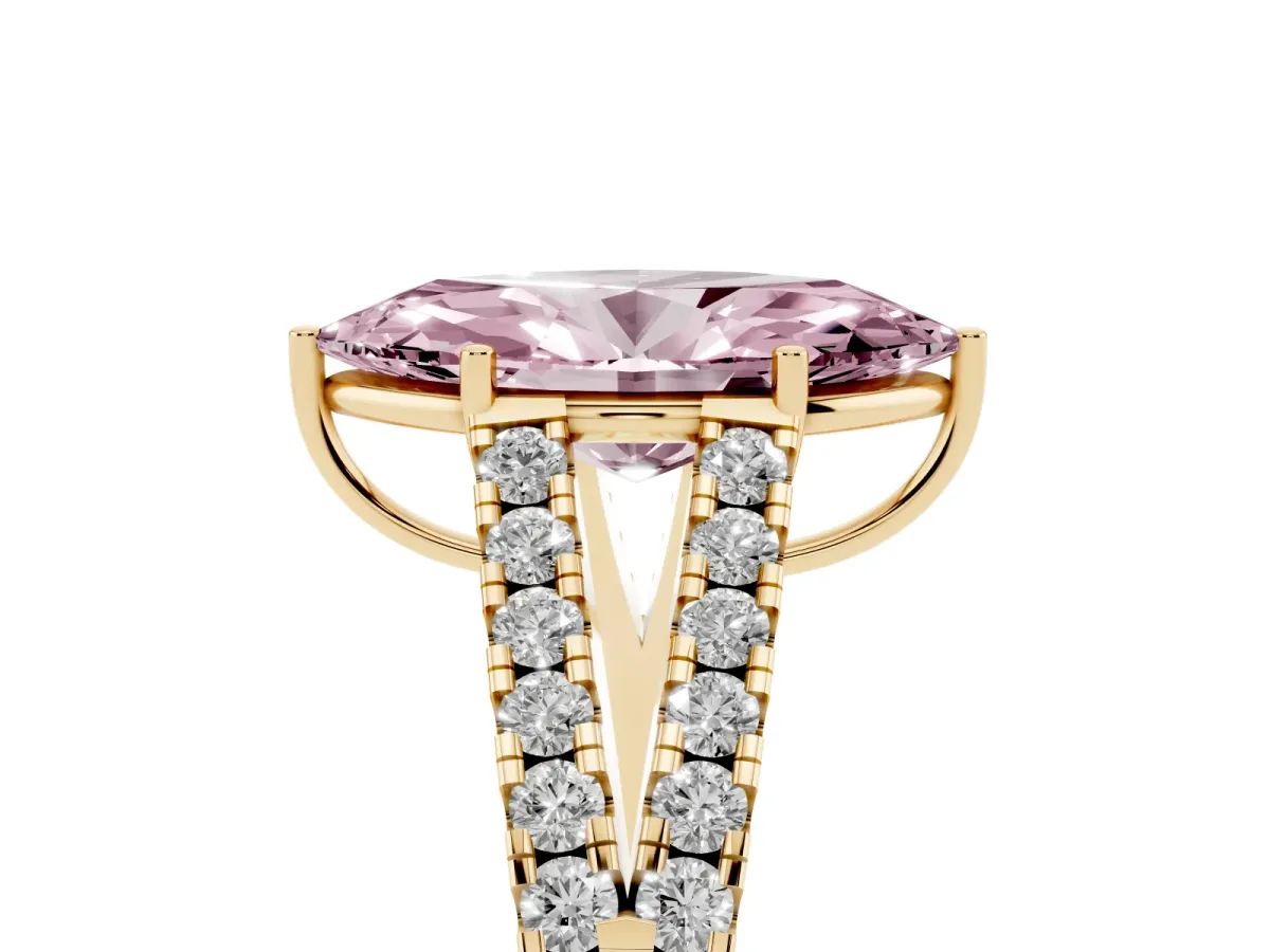 Fancy Pink Marquise Cut Diamond Split Shank Pavé Engagement Ring with Four-Prong Setting Yellow gold