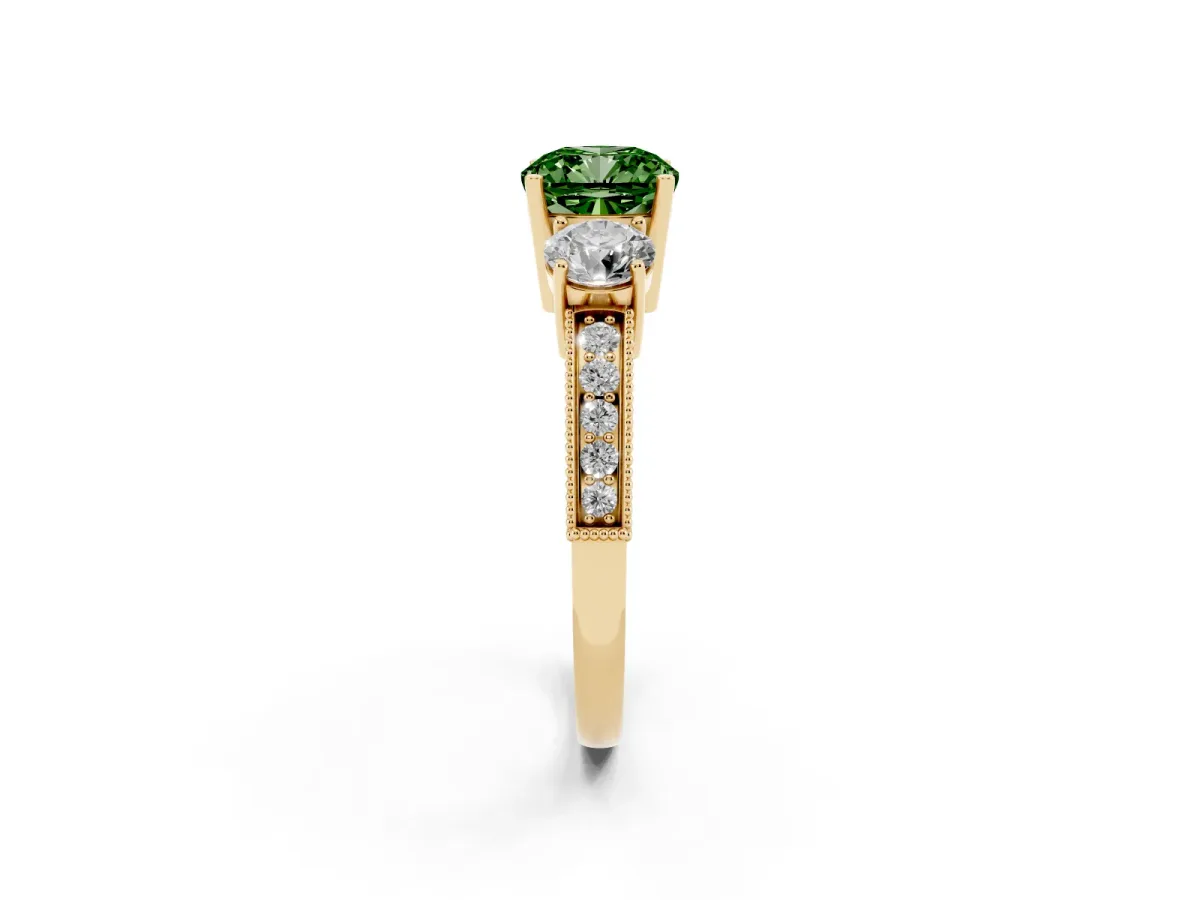 Fancy Green Cushion Cut Three-Stone Diamond Ring with Pavé Band and Four-Prong Setting Yellow gold