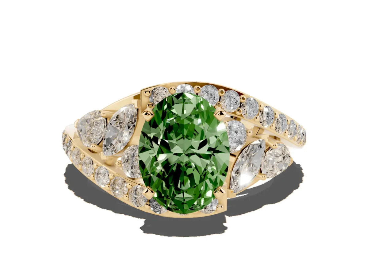 Fancy Green Oval Cut Diamond Halo Ring with Marquise and Pavé Band in Prong Setting Yellow gold