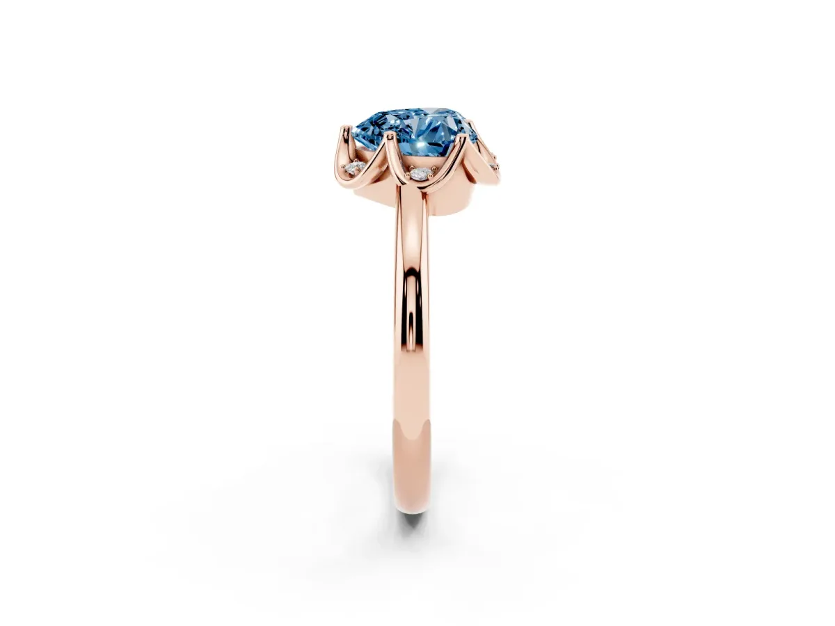 Fancy Blue Heart Cut Halo Diamond Ring with Round Cluster Setting, Solitaire Band, and Four-Prong Setting Rose gold
