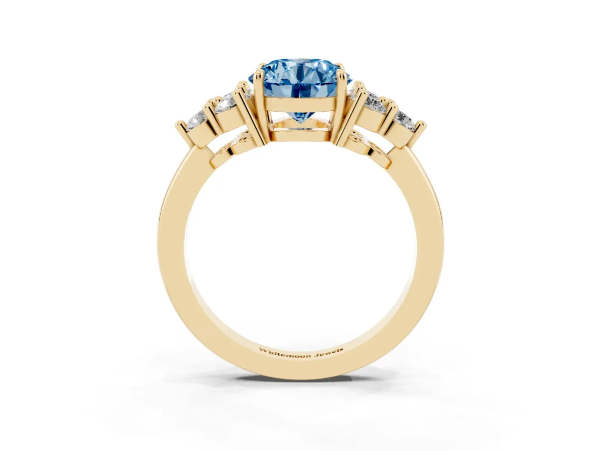 Fancy Blue Round Cut Brilliant Diamond Cluster Accent Solitaire Ring with Prong Setting Yellow gold