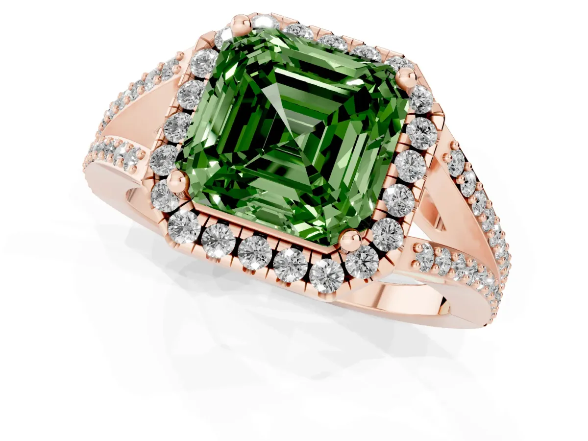 Fancy Green Asscher Cut Halo Split Shank Diamond Ring with Prong Setting Rose gold