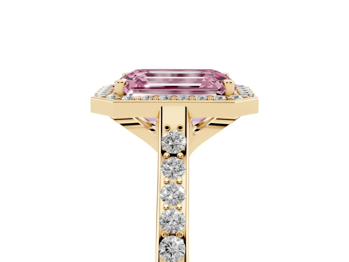 Fancy Pink Emerald Cut Diamond Halo Engagement Ring with Round Pavé Shoulders and Prong Setting Yellow gold