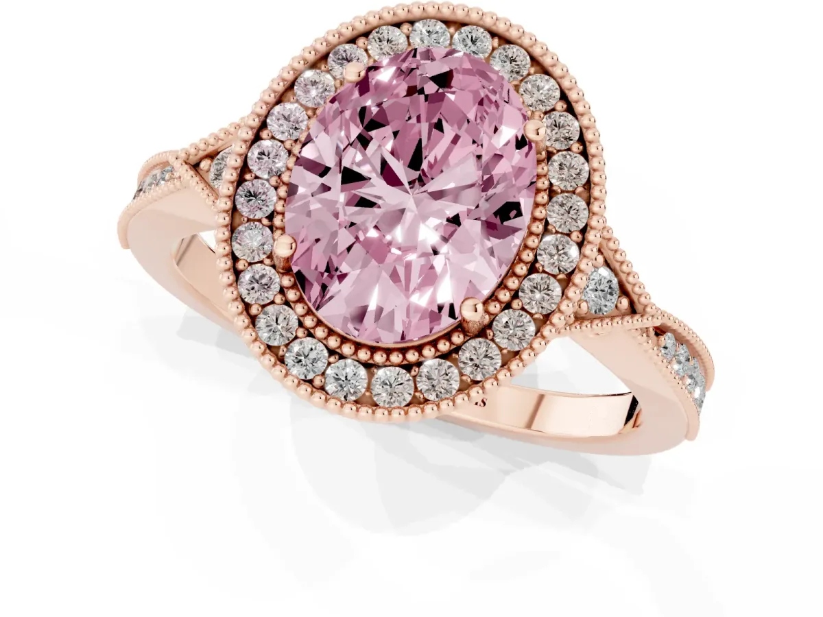 Fancy Pink Oval Cut Halo Round Diamond Milgrain Pave Engagement Ring Rose gold