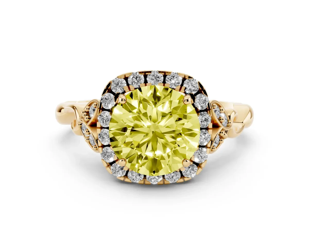 Fancy Yellow Round Cut Halo Diamond Engagement Ring with Vintage-Inspired Band and Four-Prong Setting Yellow gold