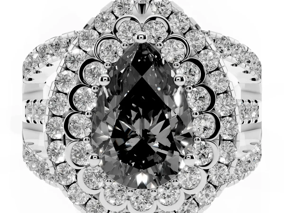 Fancy Black Pear Cut Diamond Double Halo Ring with Round Pavé Split Shank and Prong Setting Silver