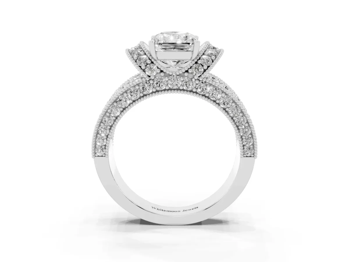 Radiant Cut Halo Pave Diamond Engagement Ring with Milgrain Detailing Platinum