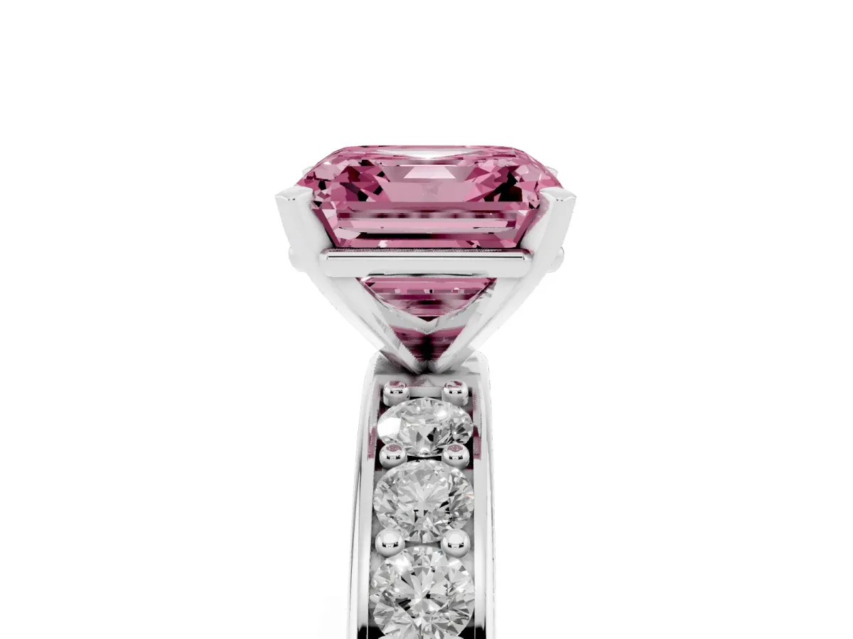 Fancy Pink Asscher Cut Diamond Engagement Ring with Channel Set Round Band and Prong Setting White gold