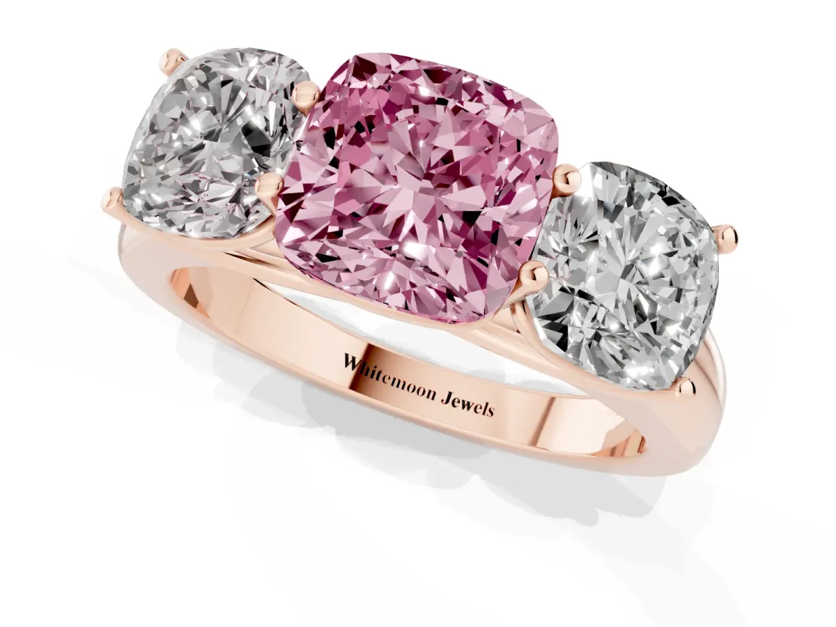 Fancy Pink Cushion Cut Three-Stone Diamond Ring with Prong Setting on a Classic Band Rose gold