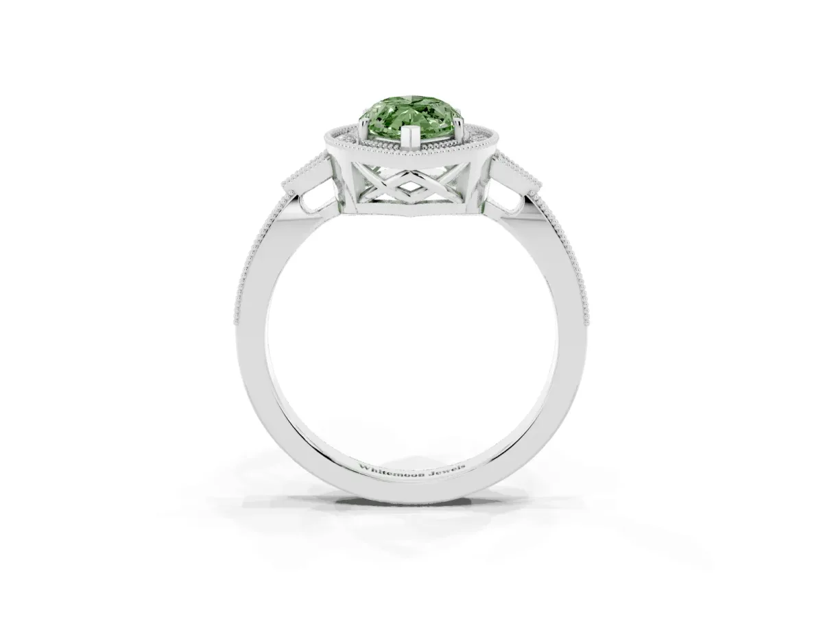 Fancy Green Marquise Cut Halo Round Diamond Milgrain Pave Engagement Ring Silver