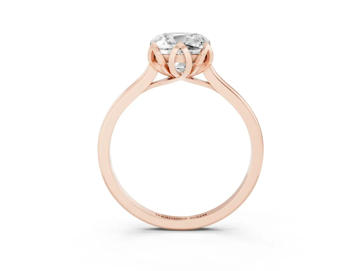 Cushion Cut Diamond Solitaire Ring with Flower Prong Setting and Classic Band Rose gold